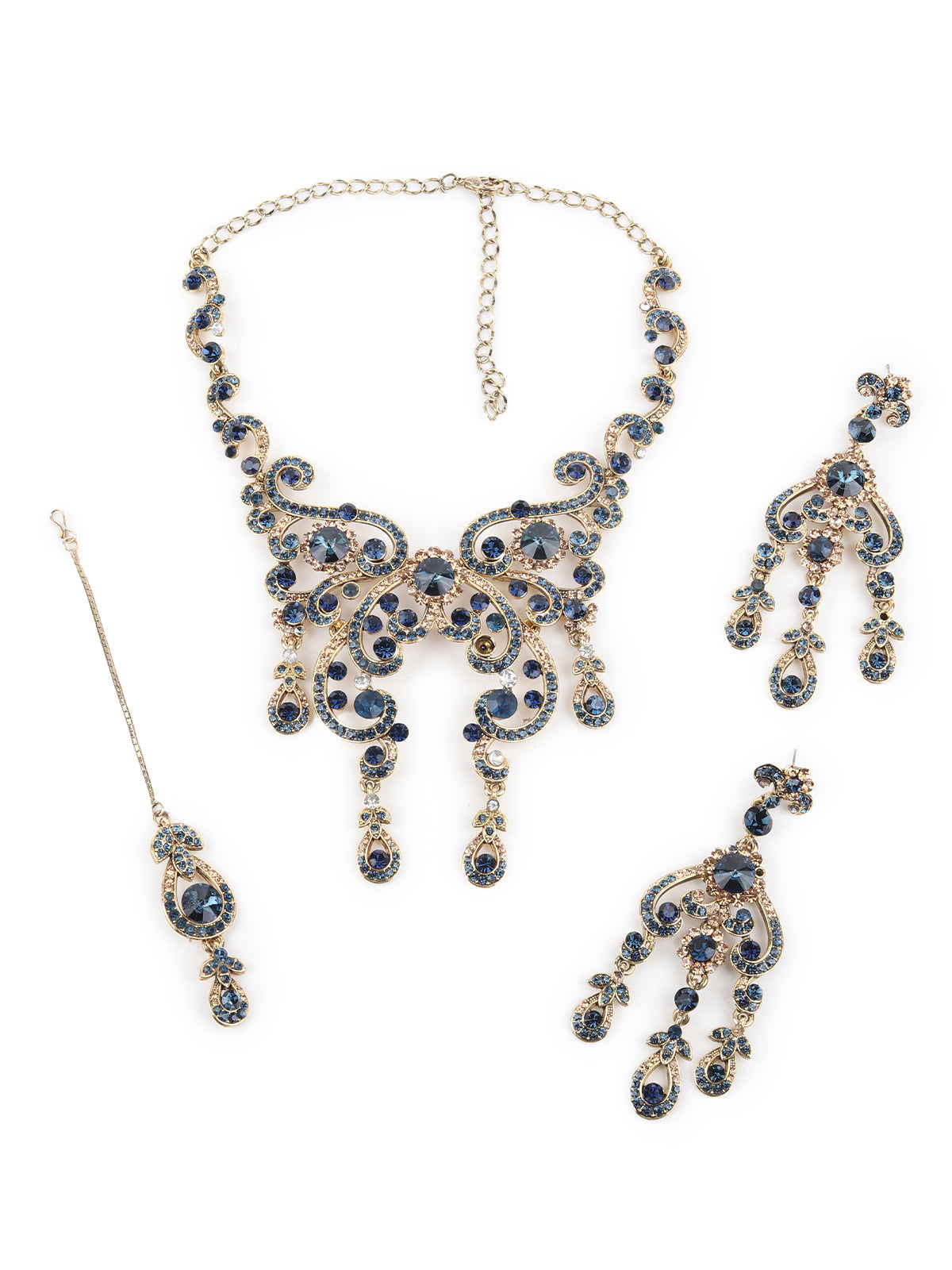 Odette Navy Blue and Gold Gemstone Embellished Necklace Set with Maangtika for Women