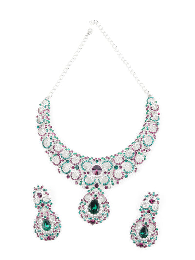 Odette Green and Purple Stone Studded Necklace Set for Women