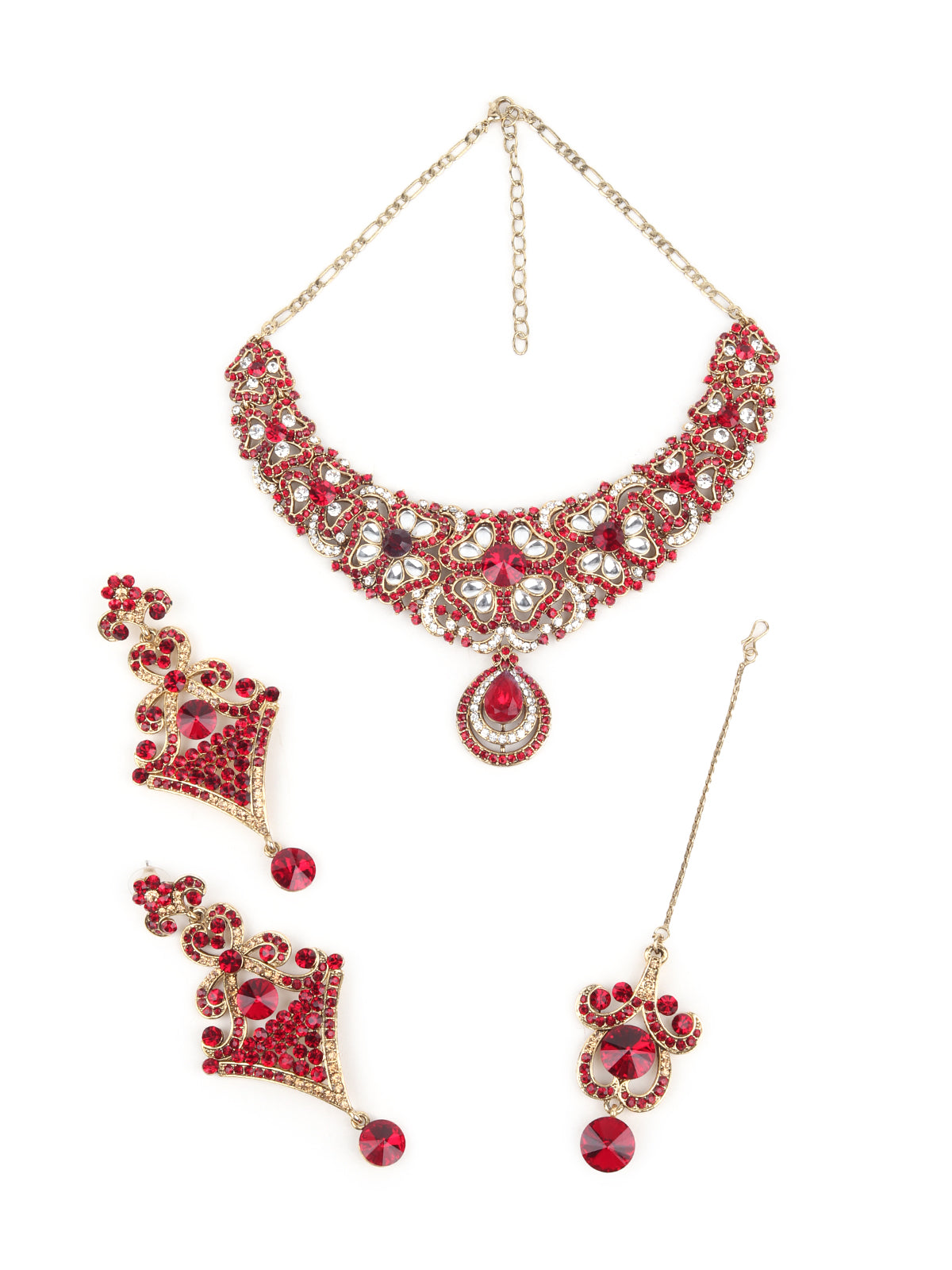Odette Maroon and White Gemstone Embellished Jewellery Set with Maangtika for Women