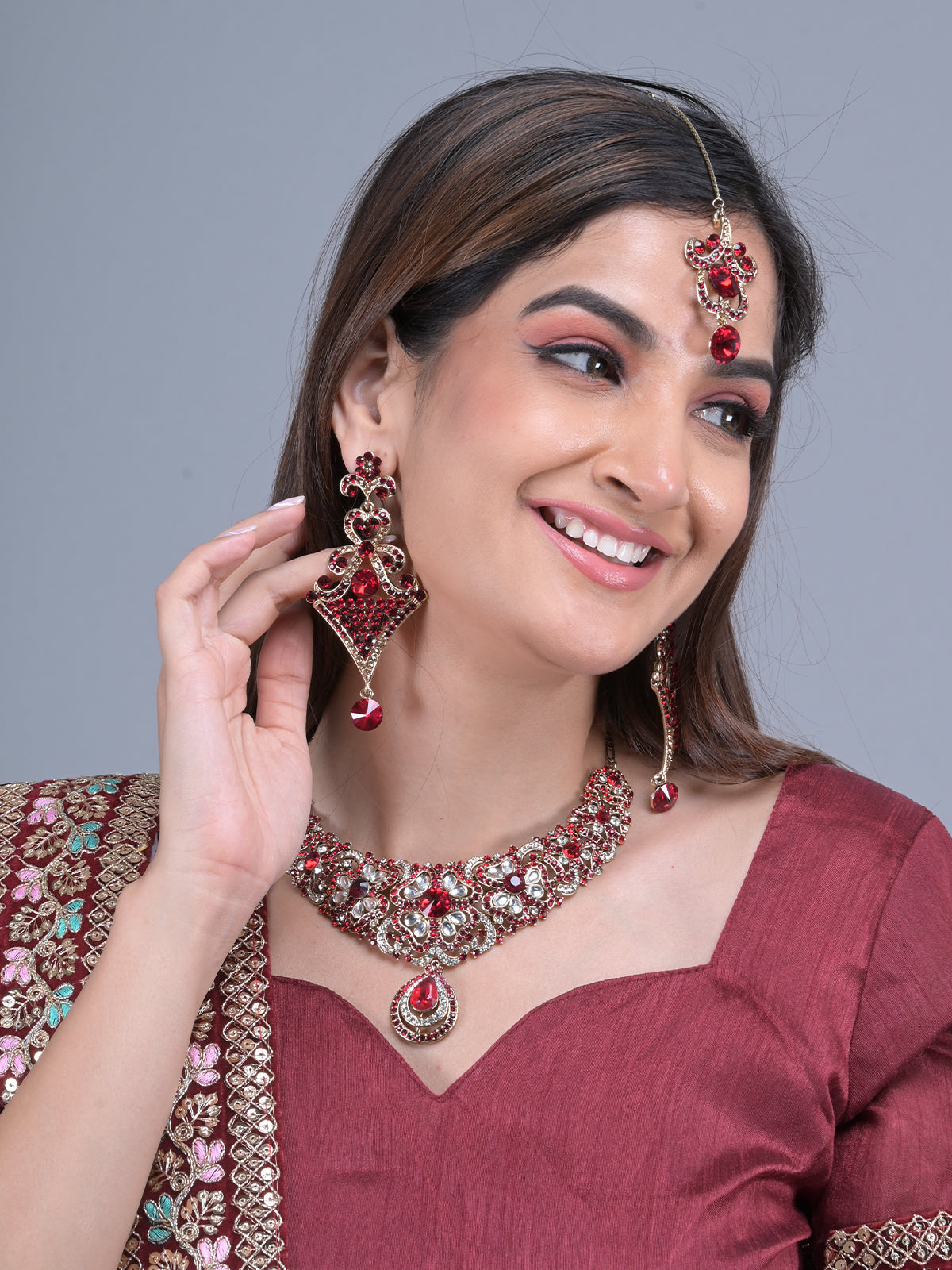 Odette Maroon and White Gemstone Embellished Jewellery Set with Maangtika for Women