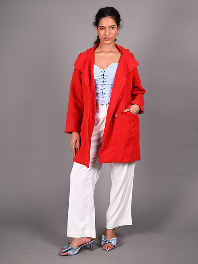 Odette Red Textured Woollen Overcoat for Women