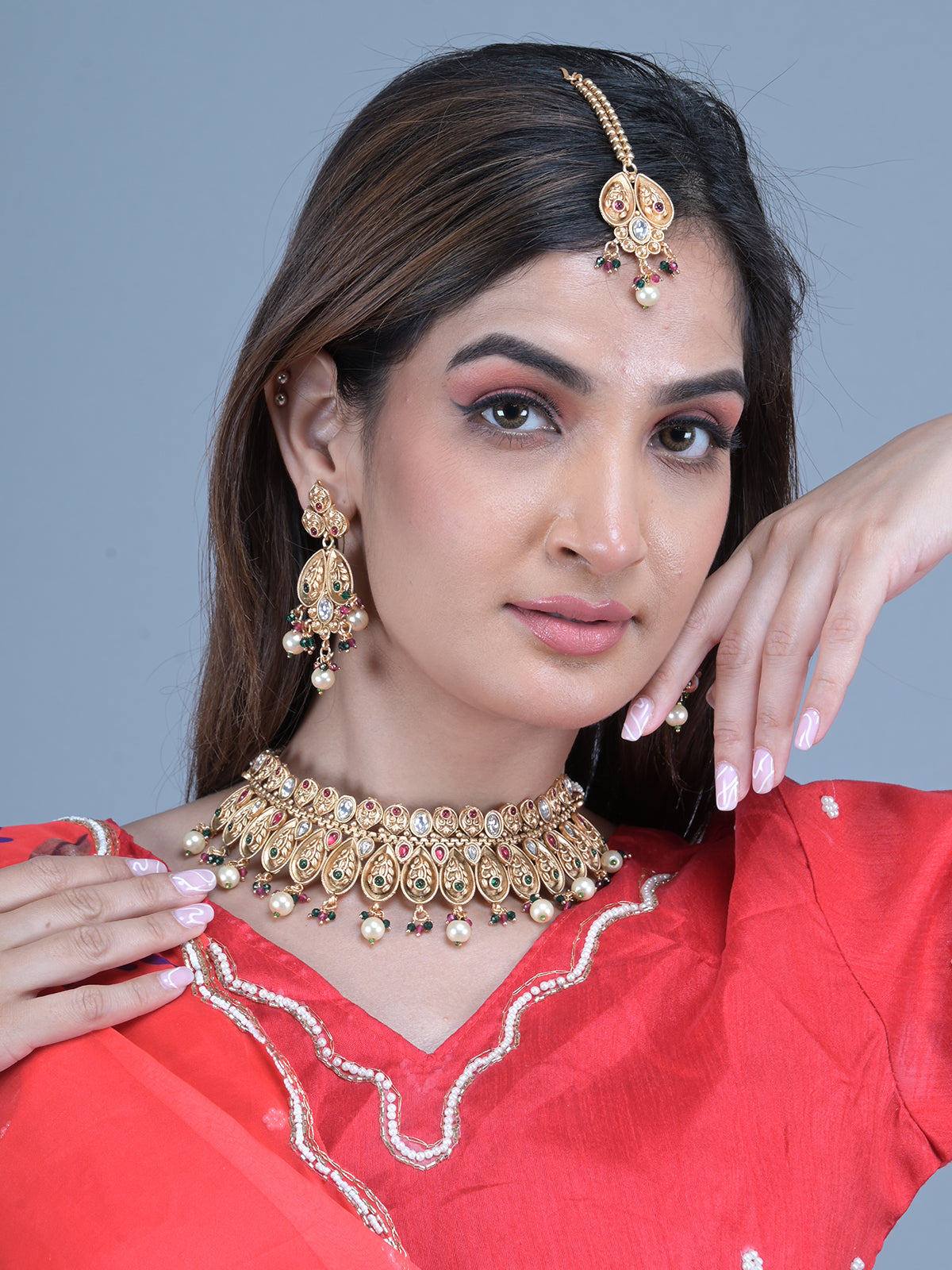 Odette Gold Faux Stone Embellished Ethnic Jewellery Set with Maangtika for Women