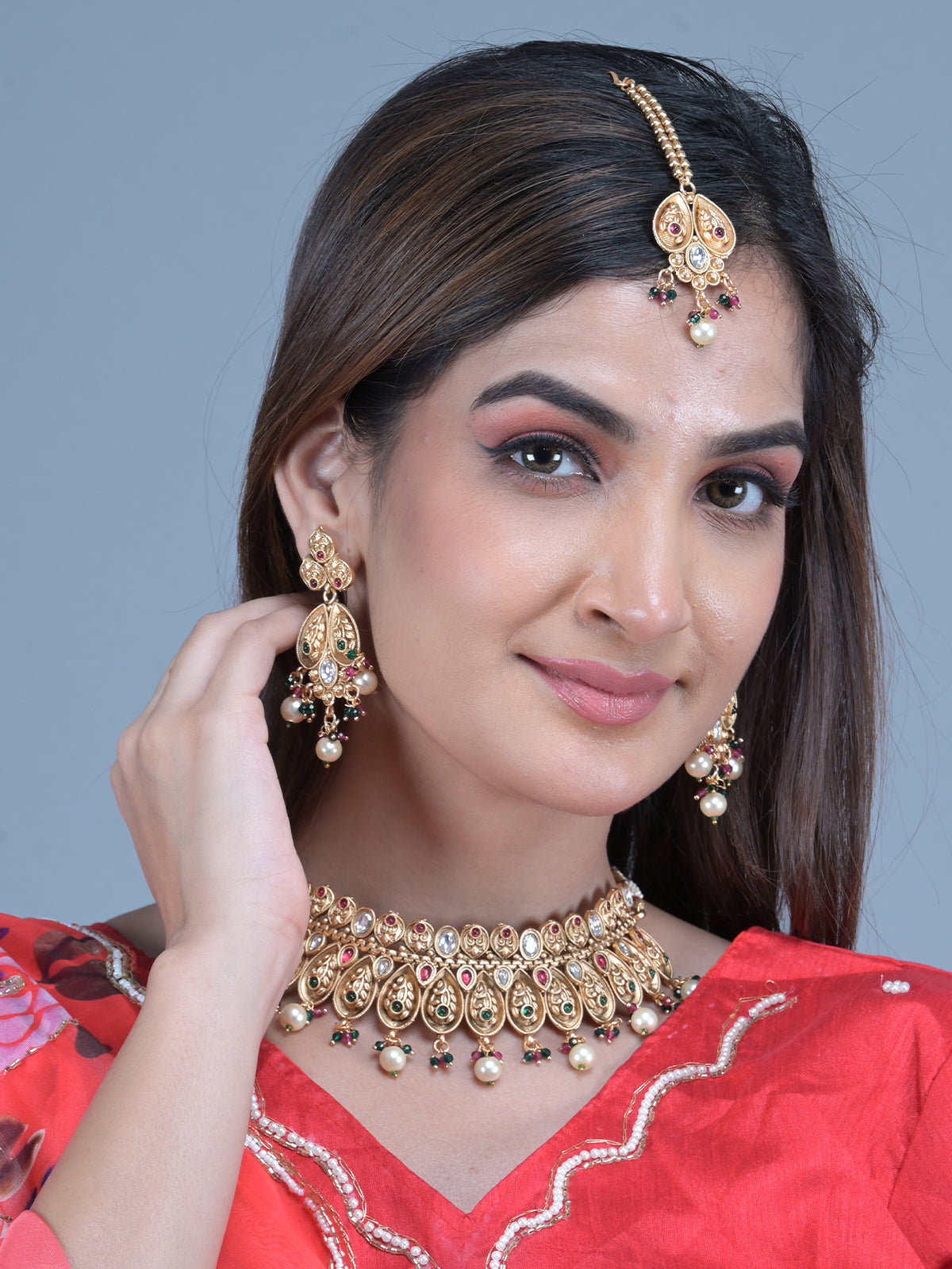 Odette Gold Faux Stone Embellished Ethnic Jewellery Set with Maangtika for Women