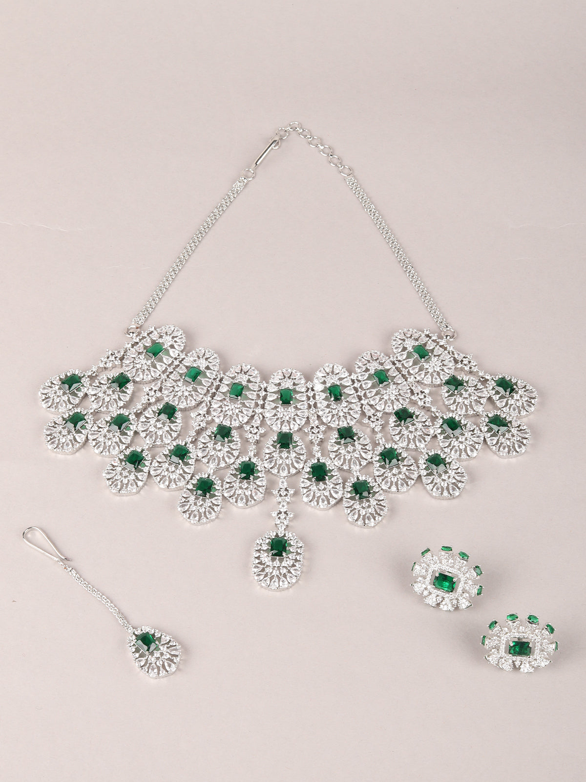 Odette Green and White Gemstone Embellished Necklace Set with Maangtika for Women