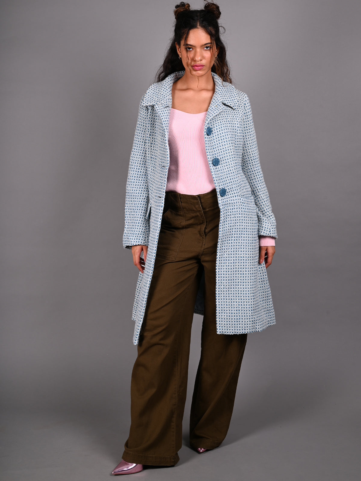 Odette Blue and White Tweed Overcoat for Women