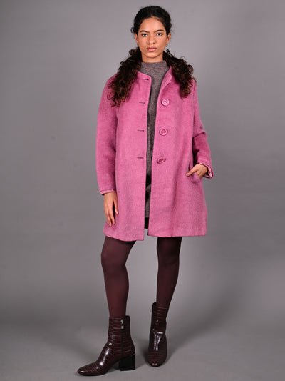 Odette Pink Fur Textured Woollen Overcoat for Women