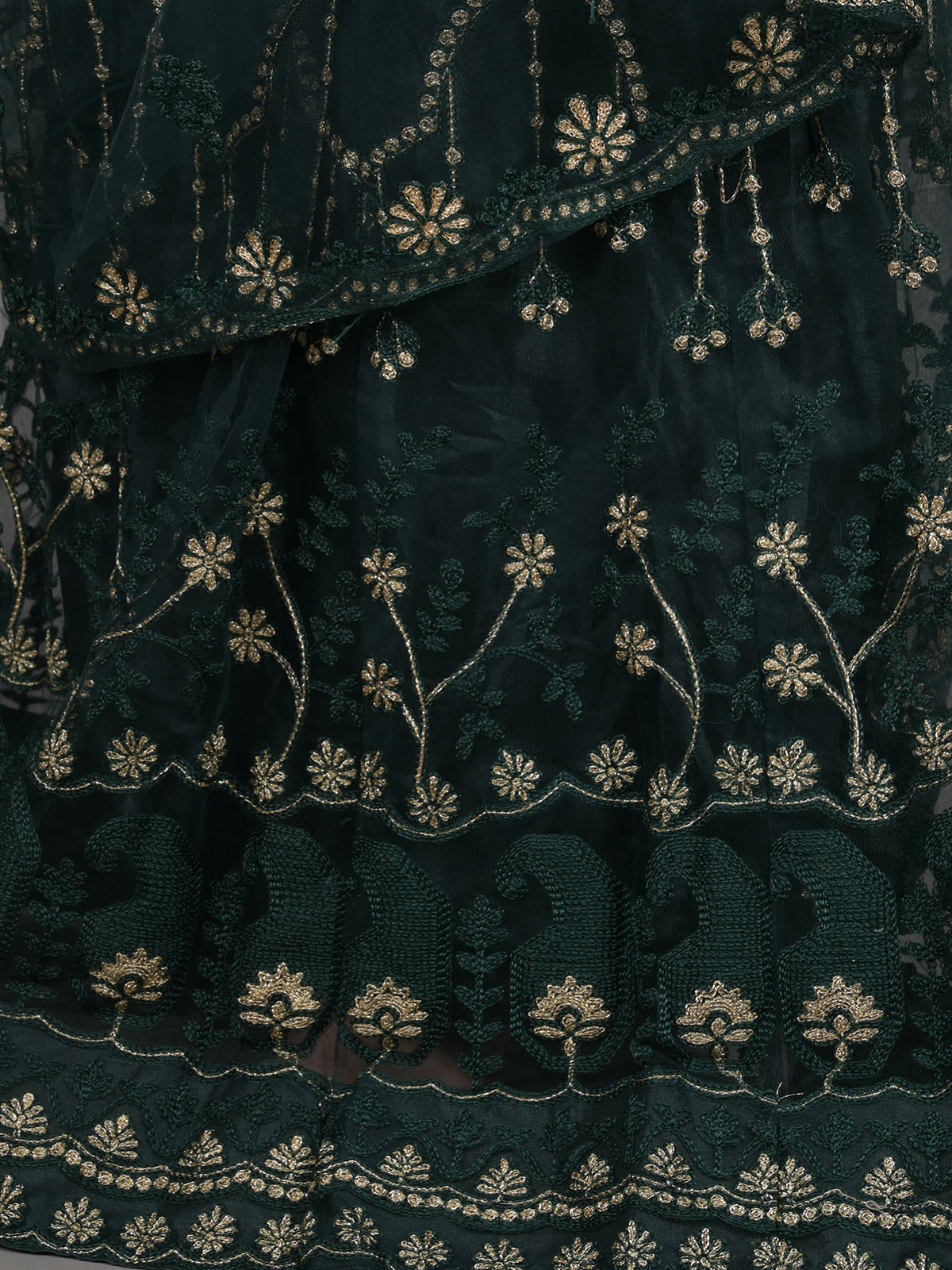 Odette Dark Green Embroidered Net Stitched Lehenga Set For Women