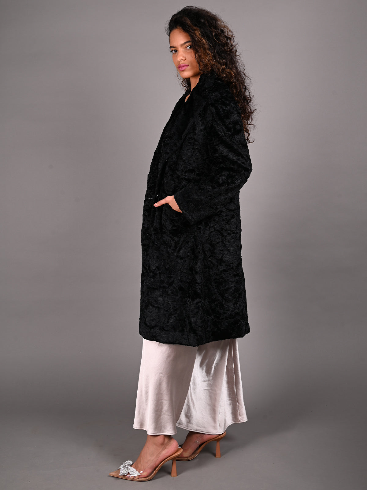 Odette Black Fur Textured Woollen Overcoat for Women