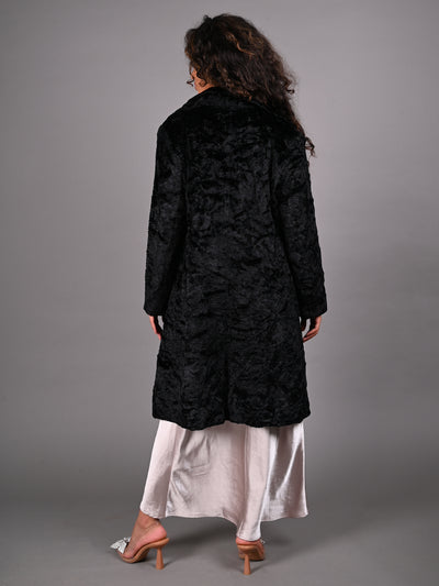 Odette Black Fur Textured Woollen Overcoat for Women