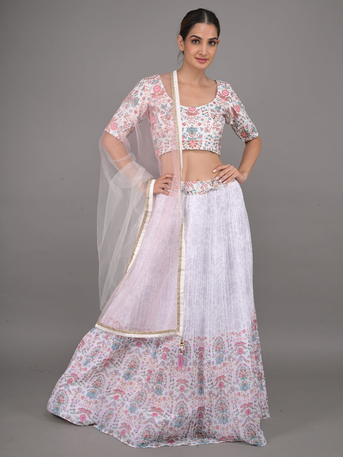Odette White Printed Pleated Georgette Stitched Lehenga Set For Women