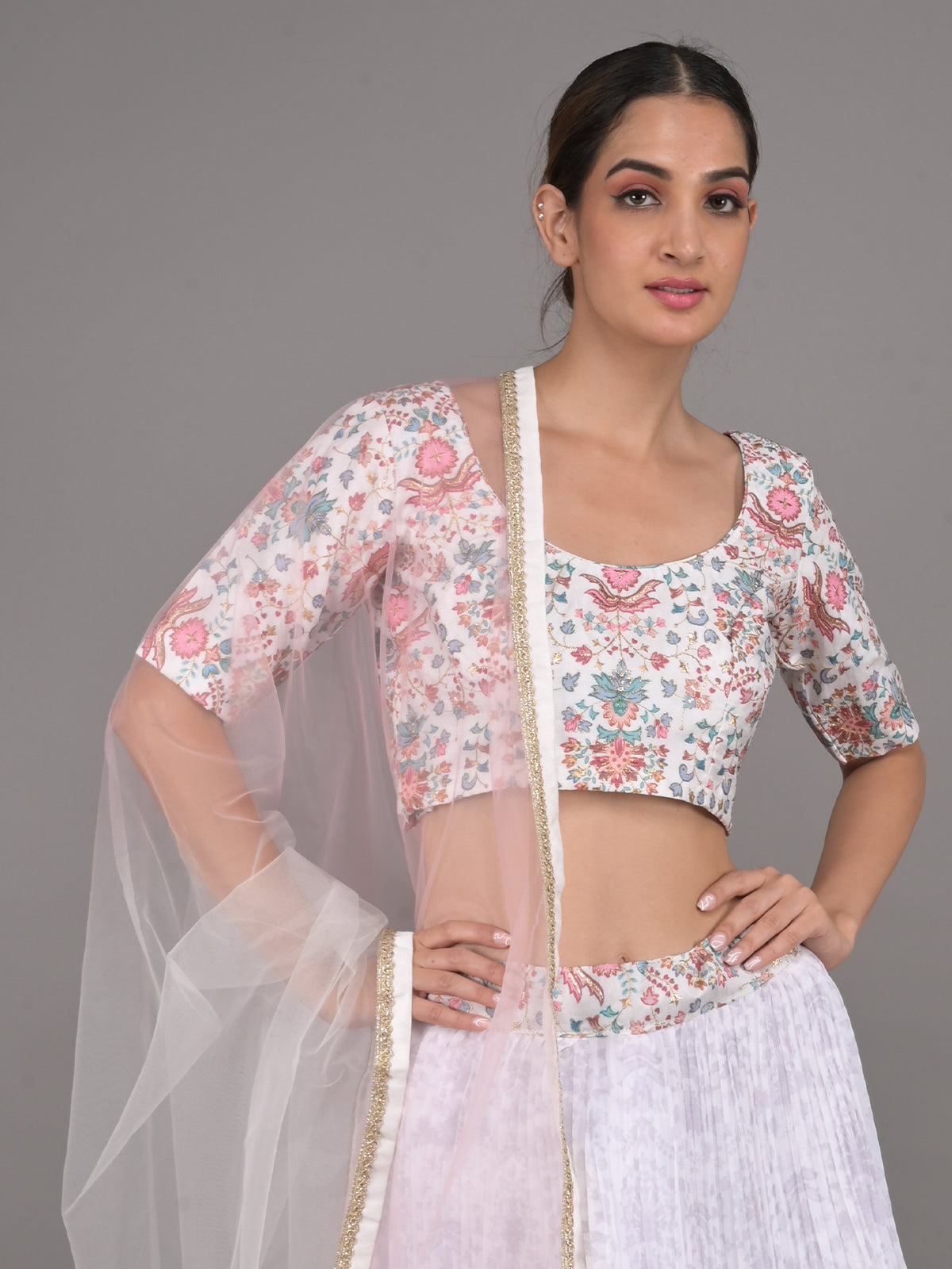 Odette White Printed Pleated Georgette Stitched Lehenga Set For Women