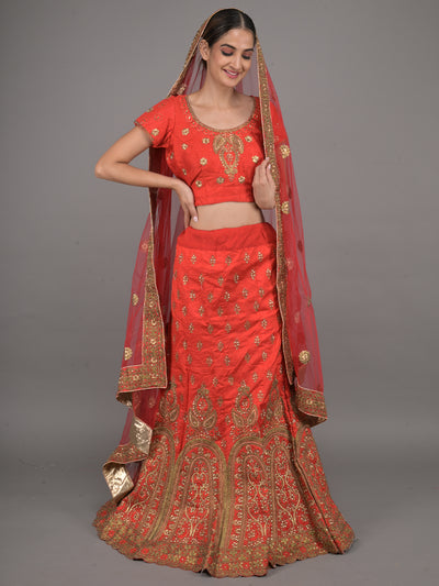 Odette Red Embroidered Silk Blend Stitched Lehenga Set For Women