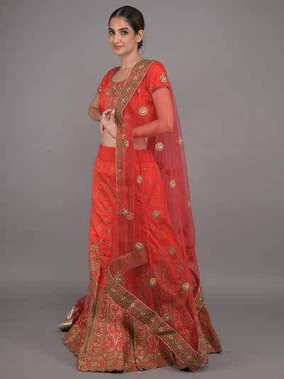 Odette Red Embroidered Silk Blend Stitched Lehenga Set For Women