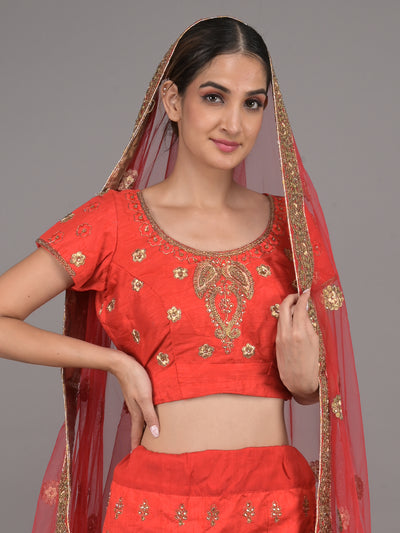 Odette Red Embroidered Silk Blend Stitched Lehenga Set For Women