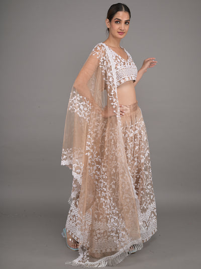 Odette Beige Embroidered Stitched Net Lehenga Set For Women