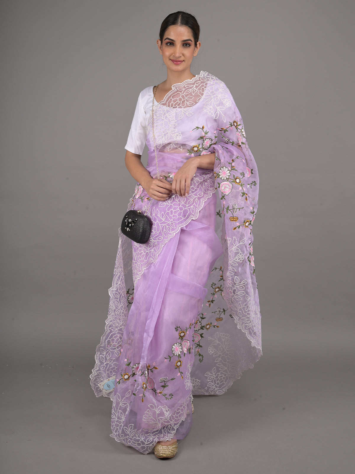 Odette Lavender Floral Embroidered Organza Saree with Unstitched Blouse for Women