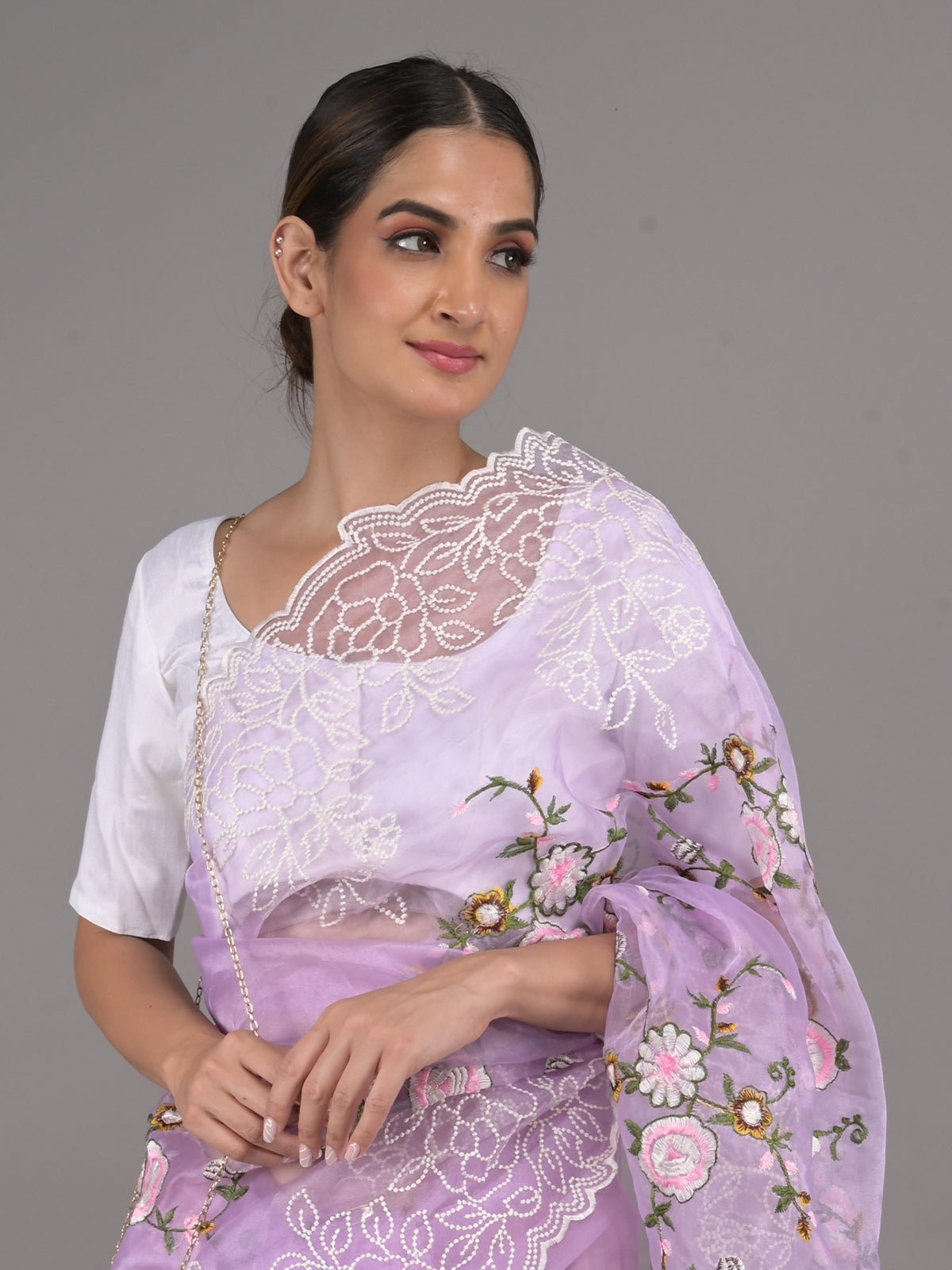 Odette Lavender Floral Embroidered Organza Saree with Unstitched Blouse for Women