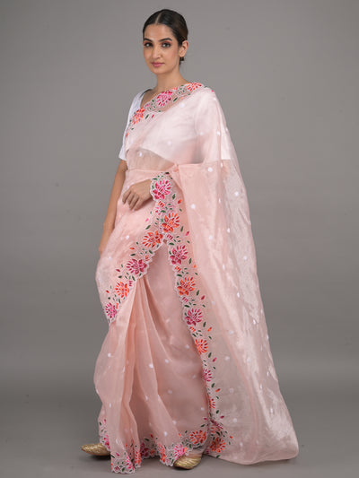Odette Peach Embroidered Organza Saree With Unstitched Blouse For Women