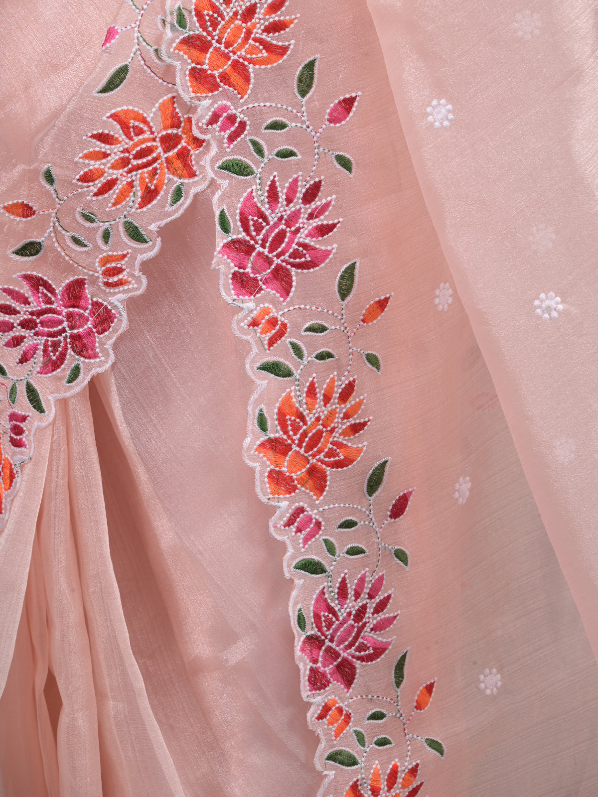 Odette Peach Embroidered Organza Saree With Unstitched Blouse For Women