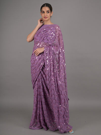 Odette Purple Sequins Embellished Georgette Saree with Unstitched Blouse for Women