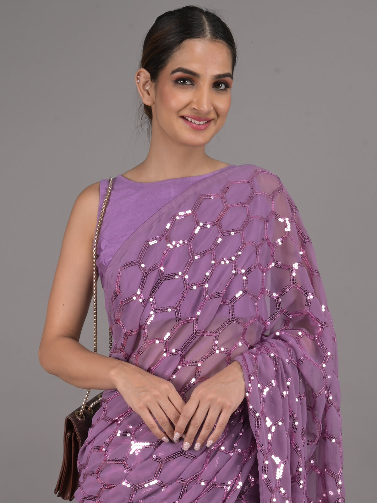 Odette Purple Sequins Embellished Georgette Saree with Unstitched Blouse for Women