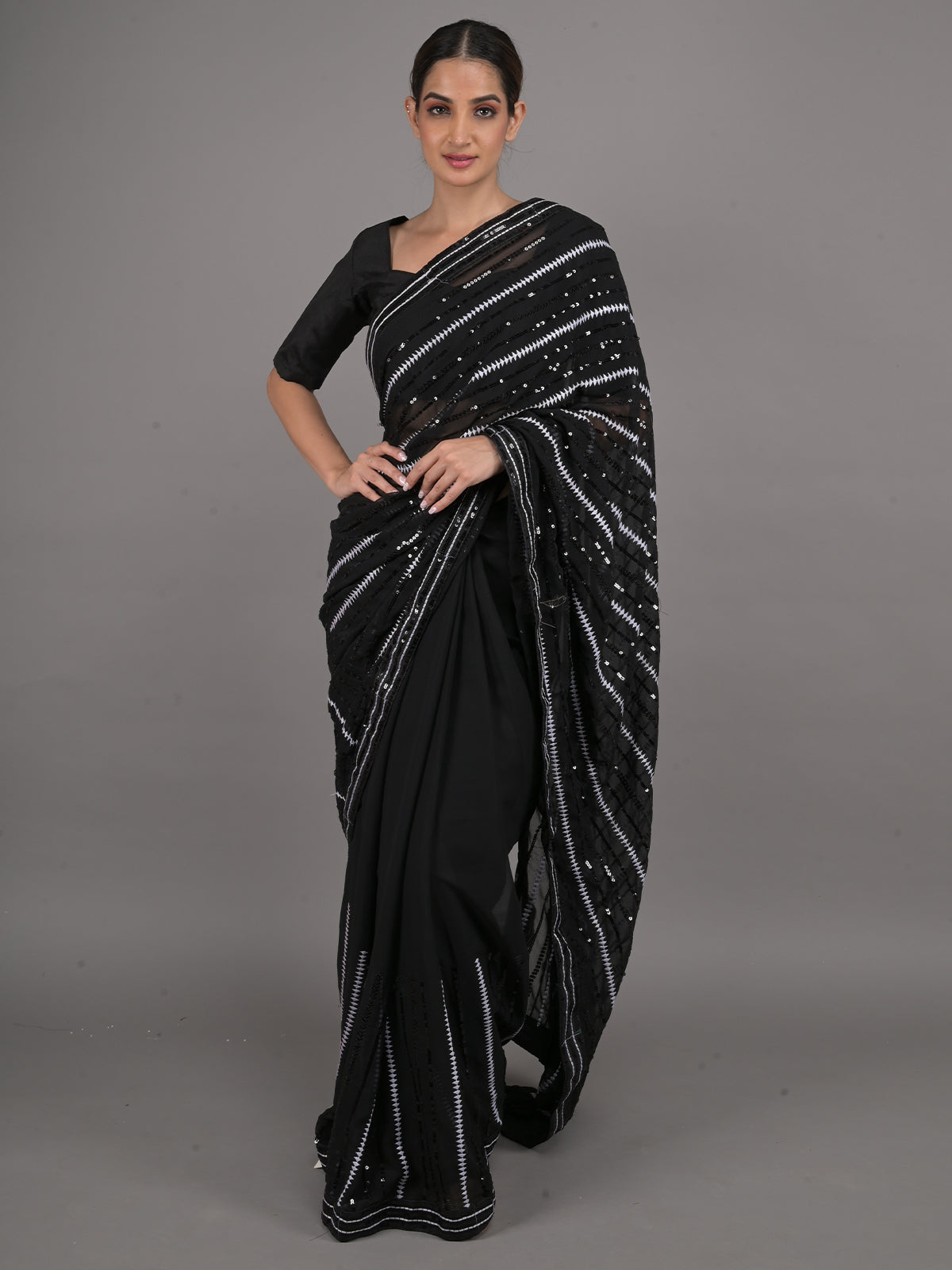 Odette Black and White Sequins Embroidered Georgette Saree with Unstitched Blouse for Women