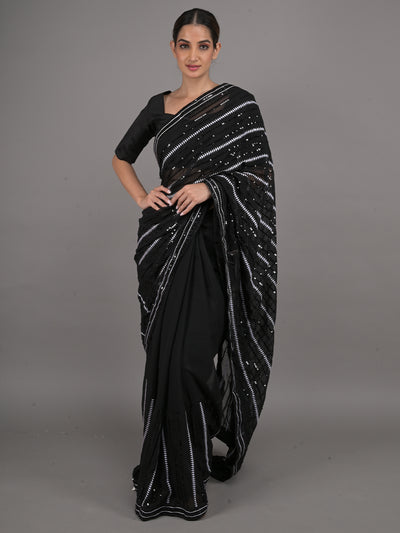 Odette Black and White Sequins Embroidered Georgette Saree with Unstitched Blouse for Women