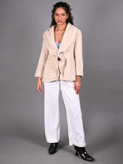 Odette Cream Fur Textured Woollen Coat for Women
