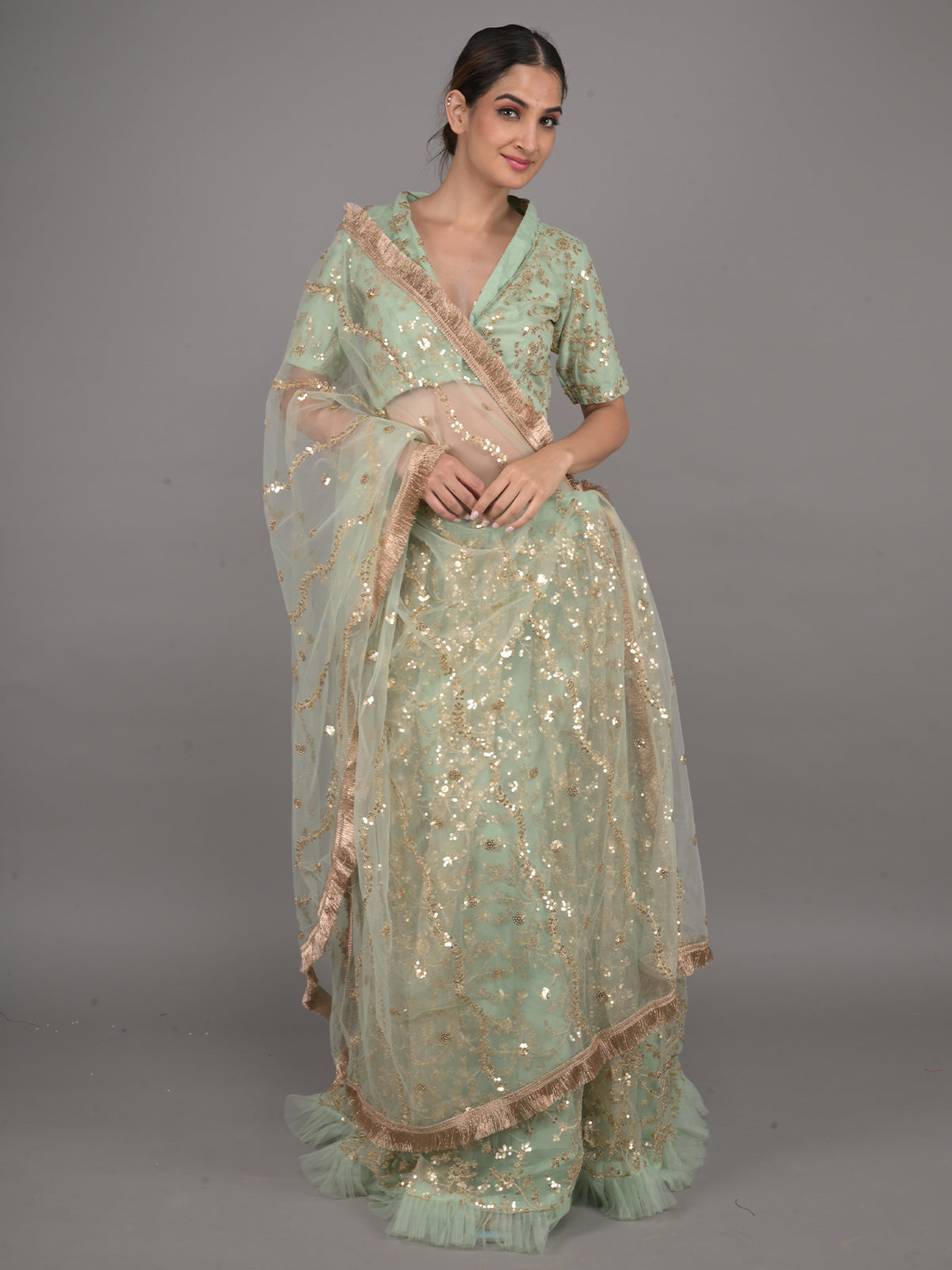 Odette Light Green Embellished Net Stitched Lehenga Set For Women