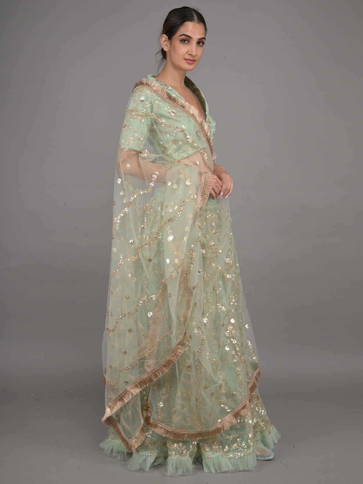 Odette Light Green Embellished Net Stitched Lehenga Set For Women