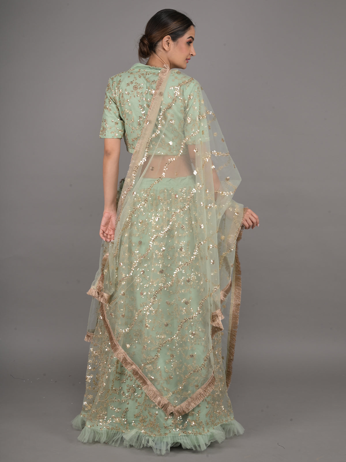 Odette Light Green Embellished Net Stitched Lehenga Set For Women