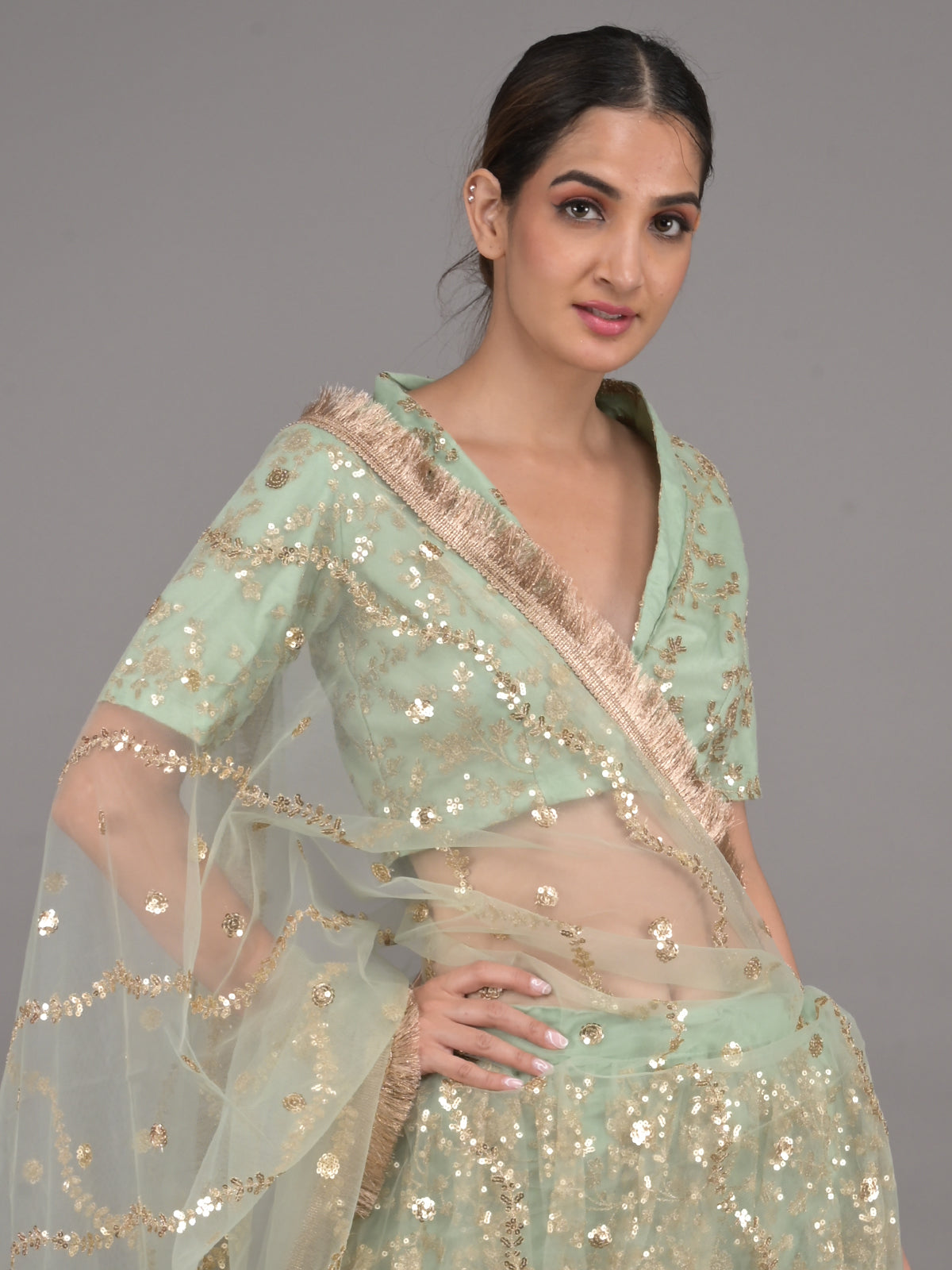 Odette Light Green Embellished Net Stitched Lehenga Set For Women