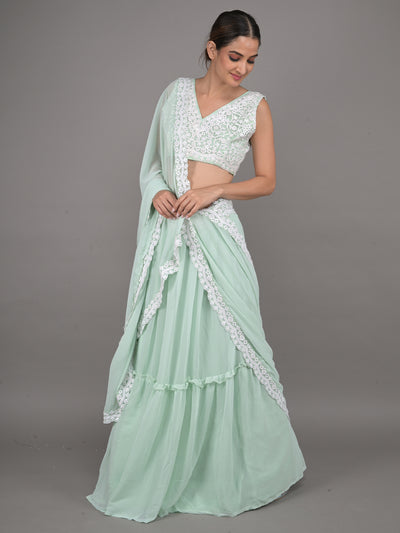 Odette Sea Green Georgette Embroidered Semi Stitched Lehenga With Unstitched Blouse For Women