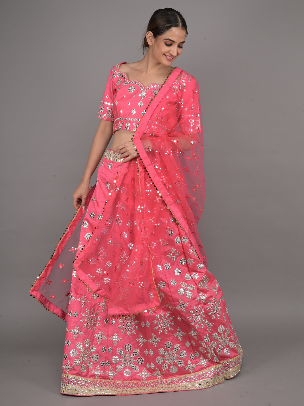 Odette Pink Embroidered Silk Blend Stitched Lehenga Set For Women