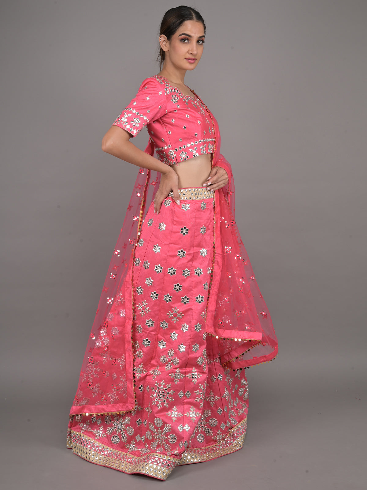 Odette Pink Embroidered Silk Blend Stitched Lehenga Set For Women