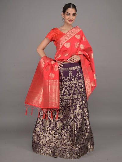 Odette Purple Woven Silk Blend Semi Stitched Lehenga With Red Unstitched Blouse For Women