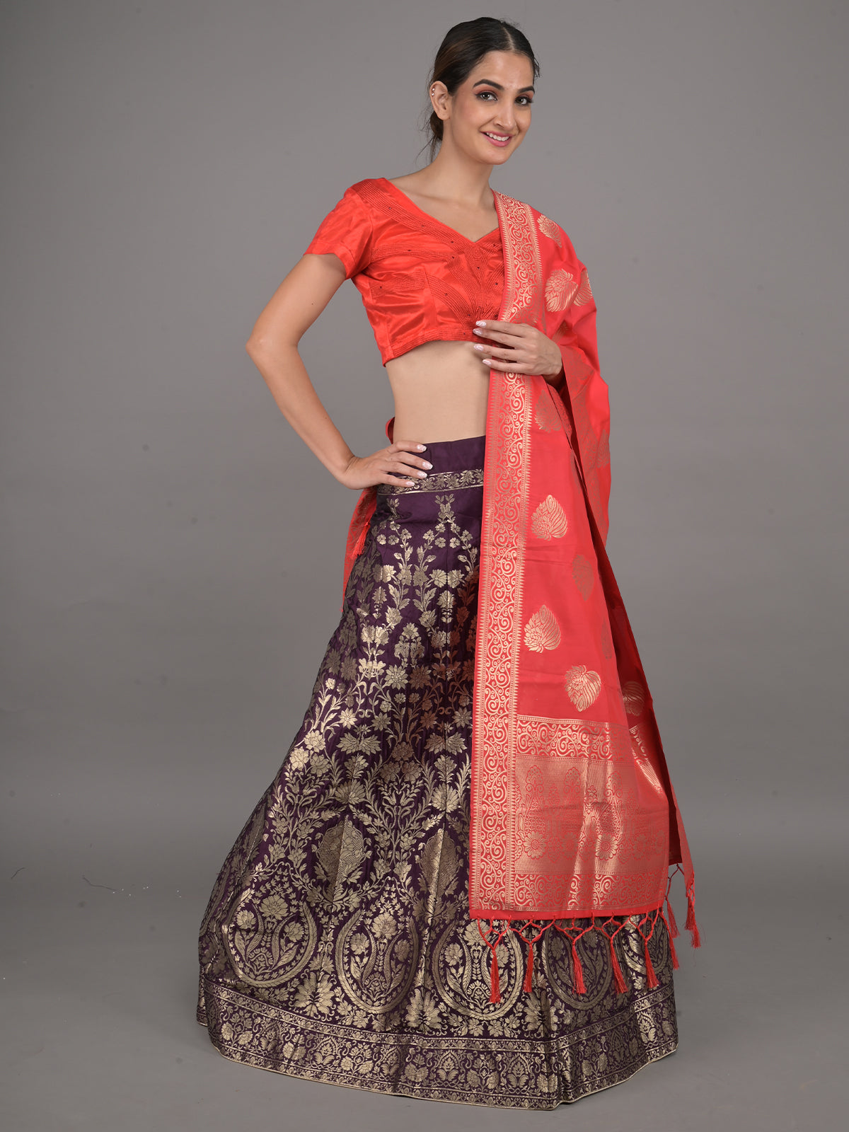 Odette Purple Woven Silk Blend Semi Stitched Lehenga With Red Unstitched Blouse For Women