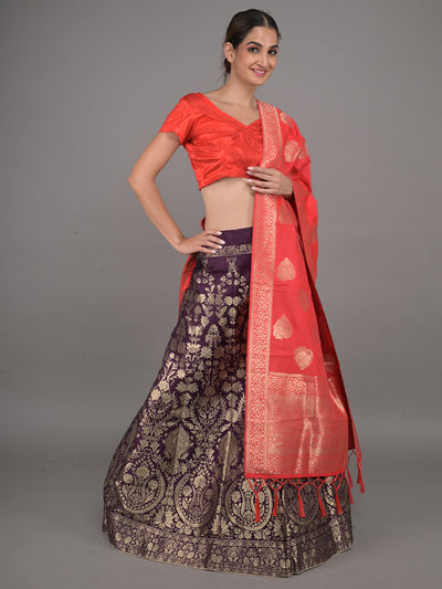 Odette Purple Woven Silk Blend Semi Stitched Lehenga With Red Unstitched Blouse For Women