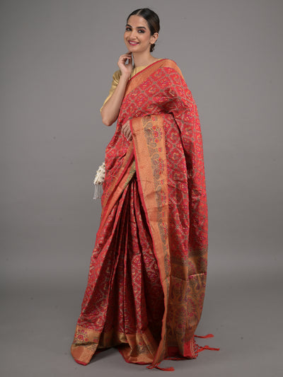 Odette Red Silk Blend Woven Saree with Unstitched Blouse for Women