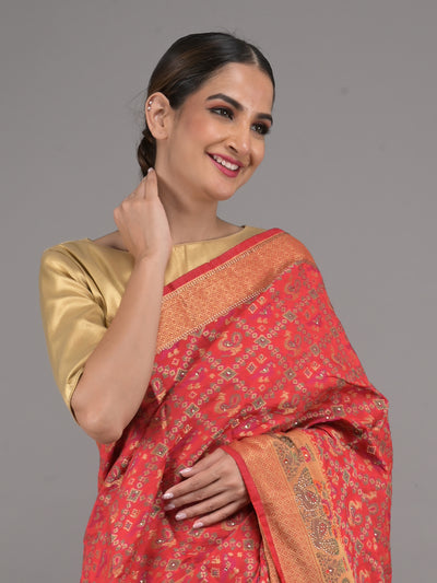 Odette Red Silk Blend Woven Saree with Unstitched Blouse for Women