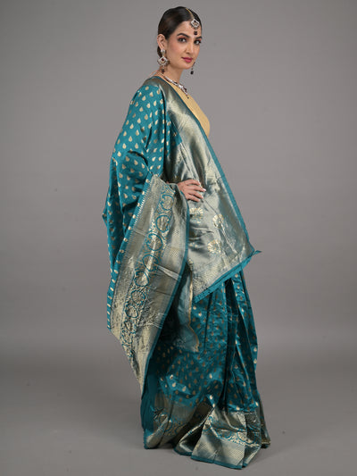 Odette Teal Woven Silk Blend Saree with Unstitched Blouse for Women