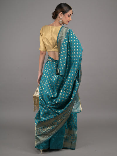 Odette Teal Woven Silk Blend Saree with Unstitched Blouse for Women