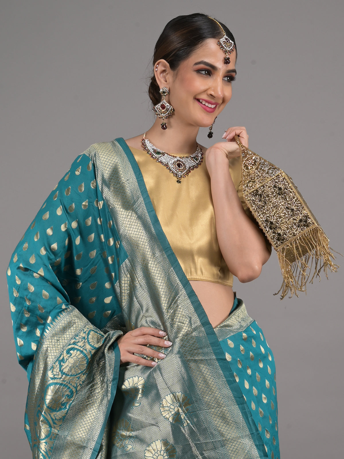 Odette Teal Woven Silk Blend Saree with Unstitched Blouse for Women