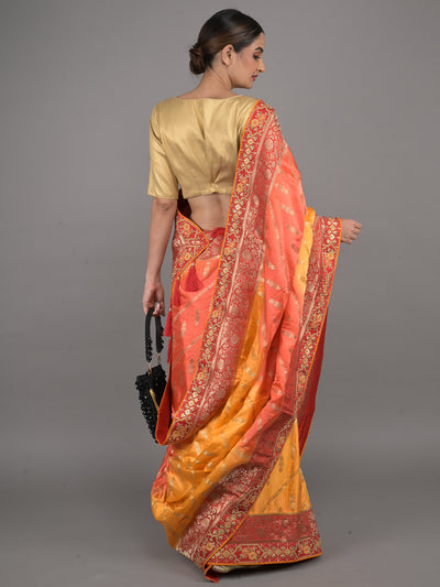 Odette Yellow and Red Embroidered Silk Blend Saree with Unstitched Blouse for Women