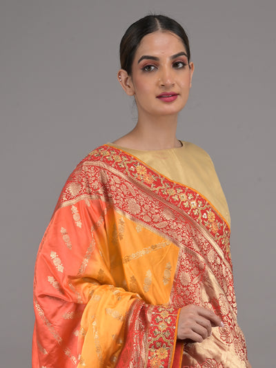 Odette Yellow and Red Embroidered Silk Blend Saree with Unstitched Blouse for Women