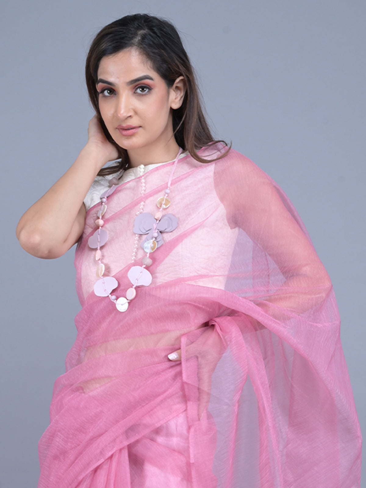 Odette Pink Embellished Net Saree with Unstitched Blouse for Women