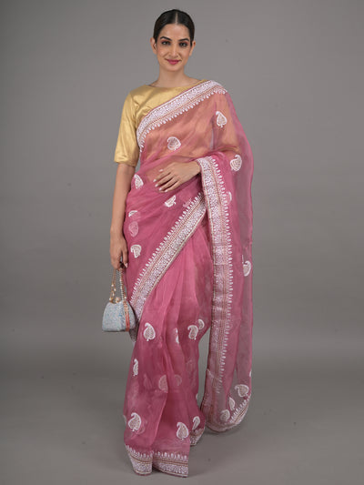 Odette Mauve Embroidered Organza Saree with Unstitched Blouse For Women