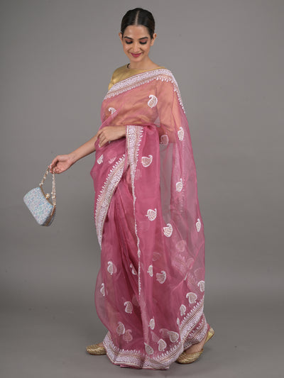 Odette Mauve Embroidered Organza Saree with Unstitched Blouse For Women