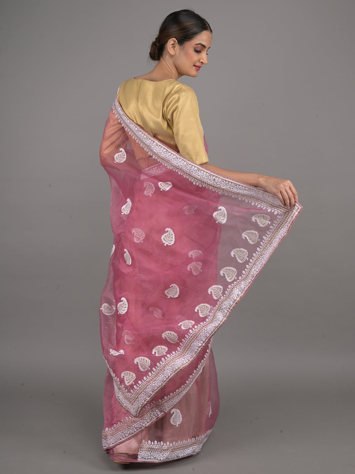 Odette Mauve Embroidered Organza Saree with Unstitched Blouse For Women