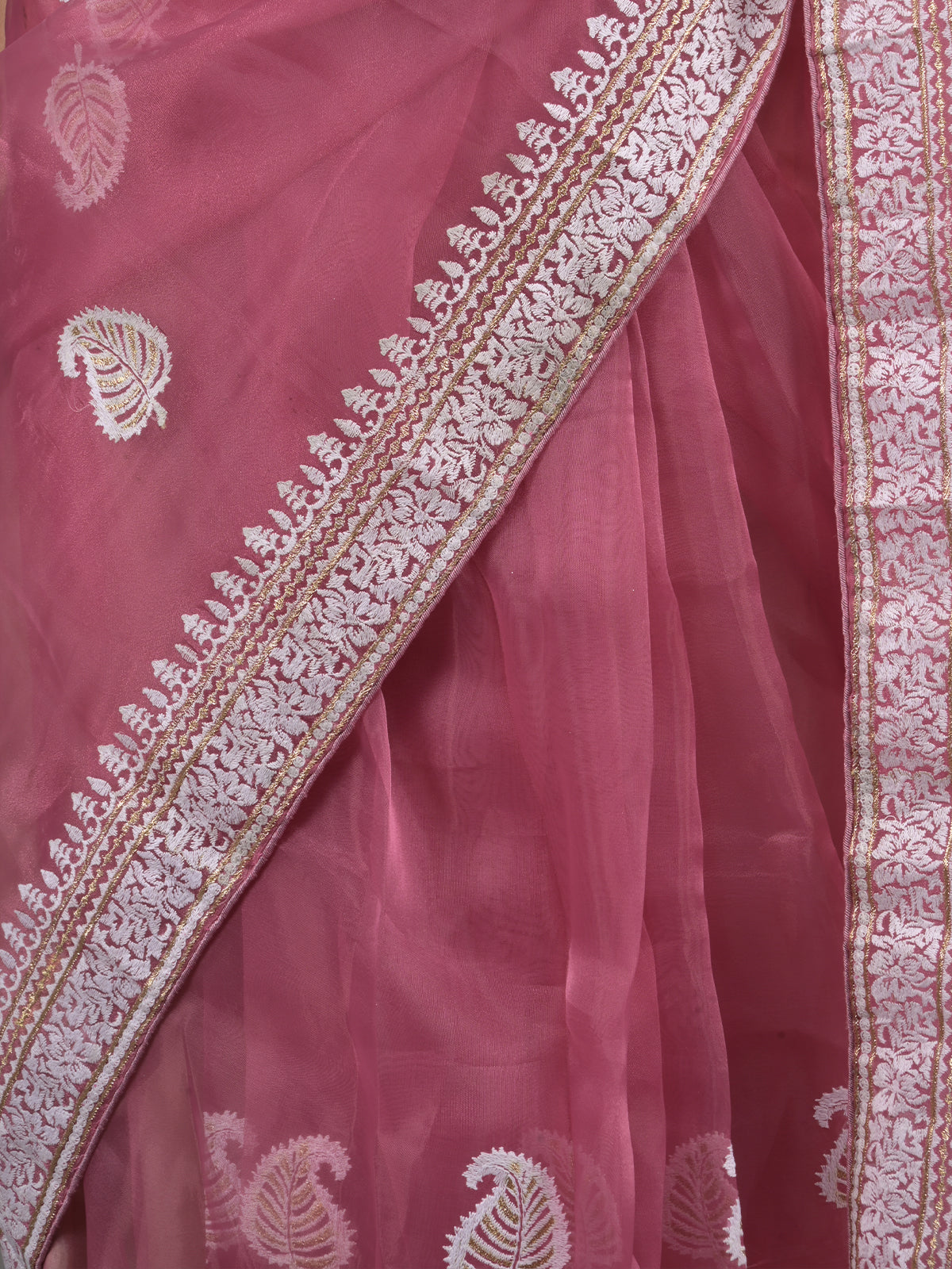 Odette Mauve Embroidered Organza Saree with Unstitched Blouse For Women
